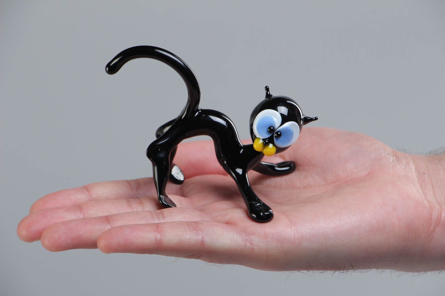 Unusual funny homemade lampwork glass figurine of black cat photo 5
