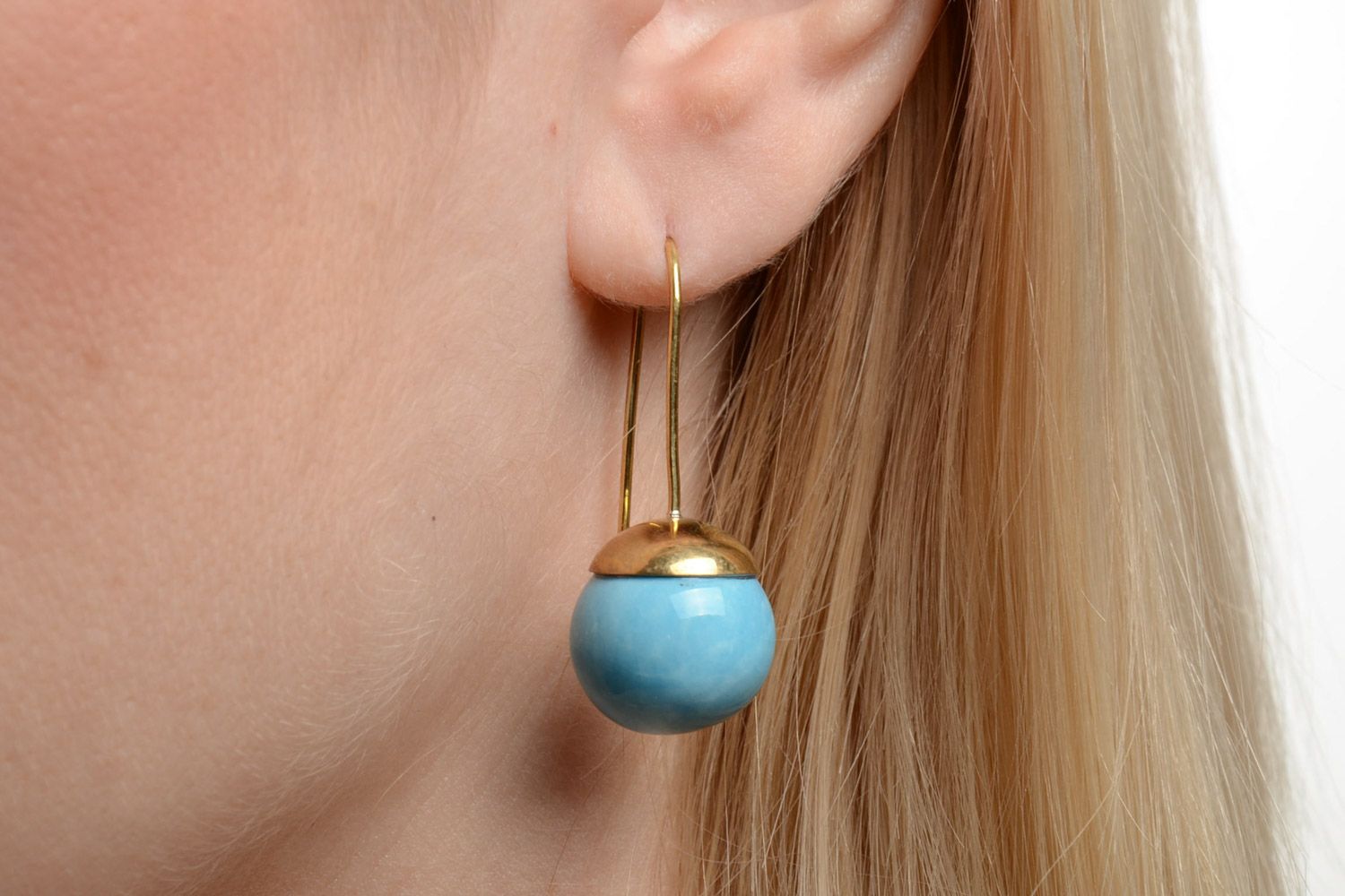 Women's handmade blue ceramic ball earrings in brass frame photo 5