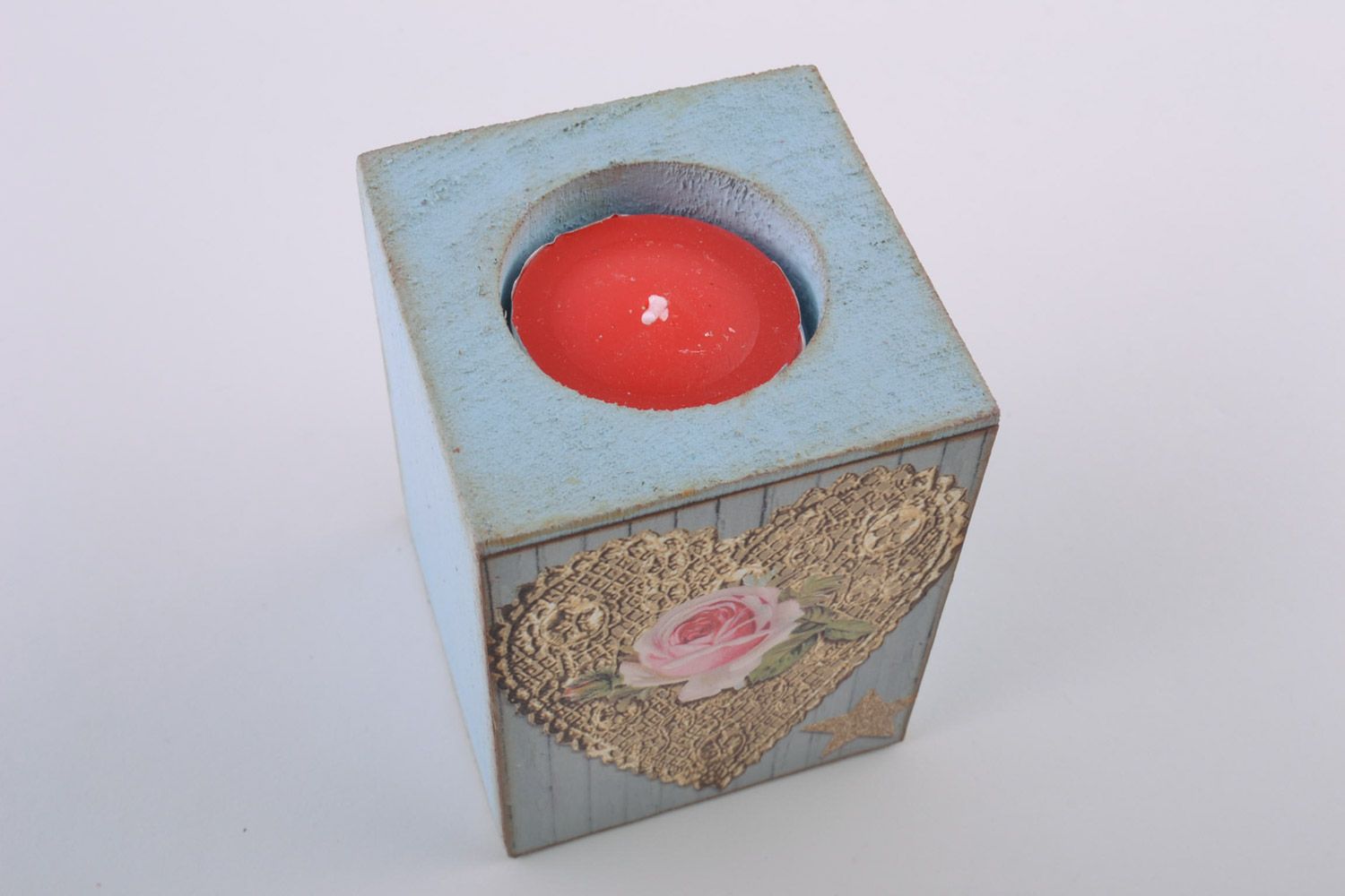 Handgemachter Teelichthalter aus Holz mit Bild von Herz und Rose in Decoupage Technik foto 4