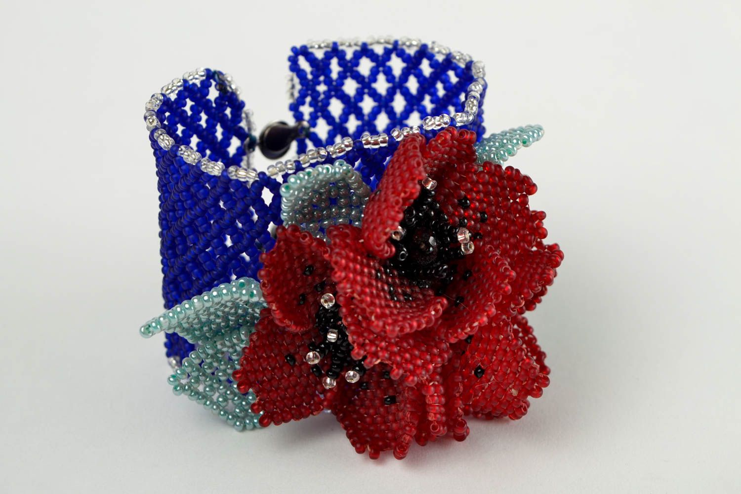 Handmade poppies wide bead bracelet in dark blue and dark red color for women  photo 2