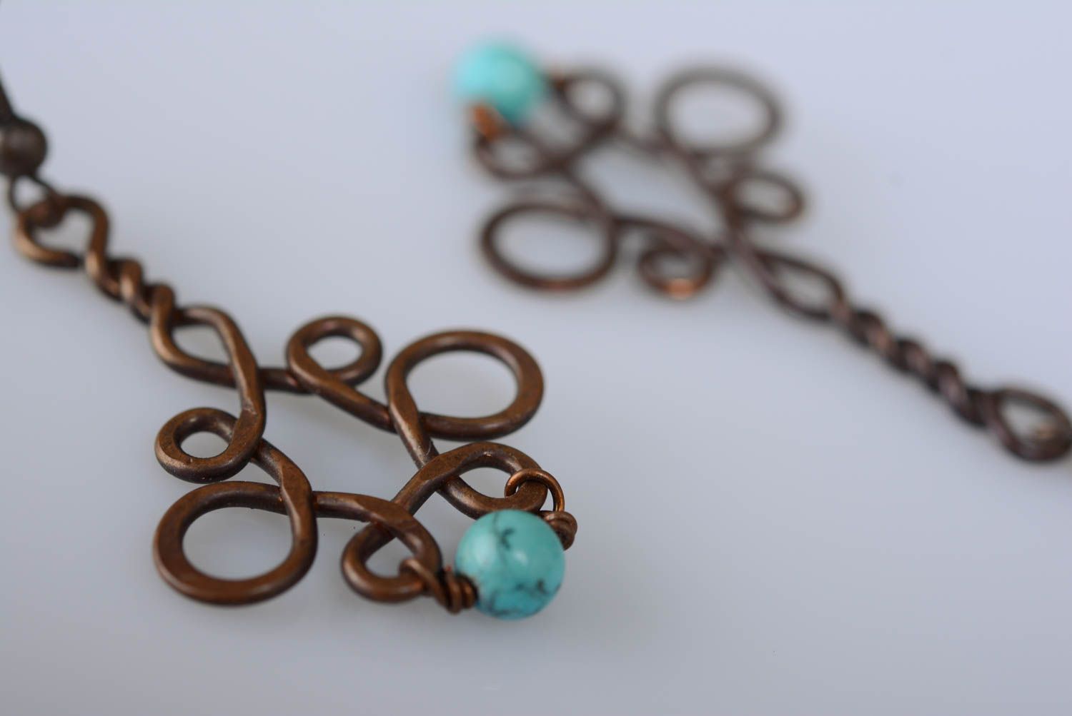 Big earrings made of copper using wire wrap technique with artificial turquoise photo 2
