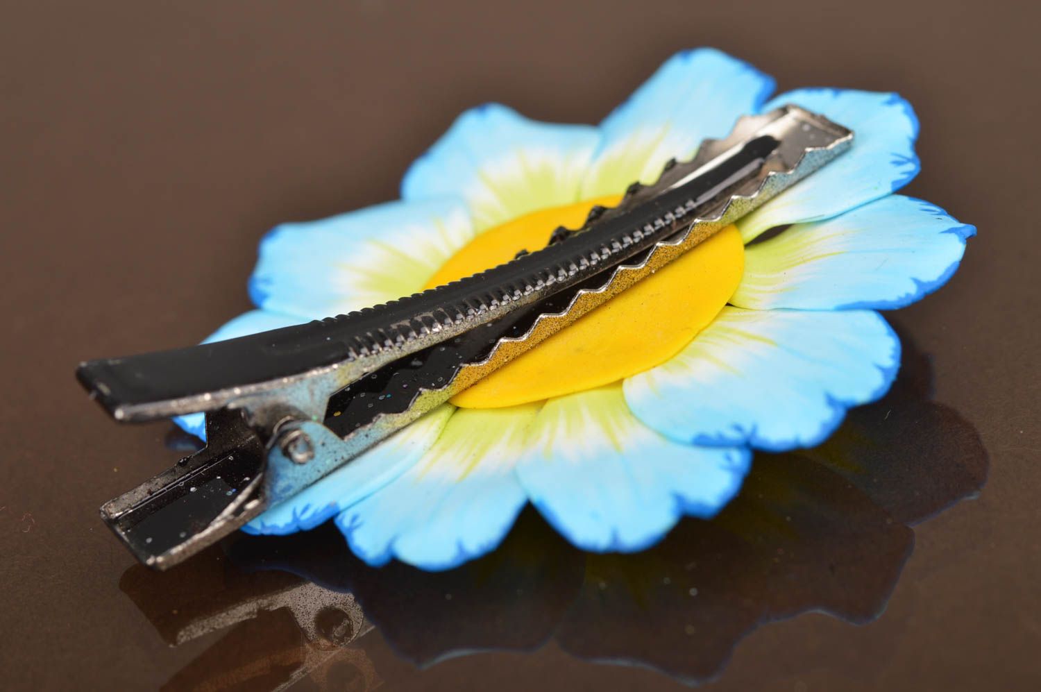 Barrette à cheveux avec fleur bleue en pâte polymère faite main cadeau femme photo 4