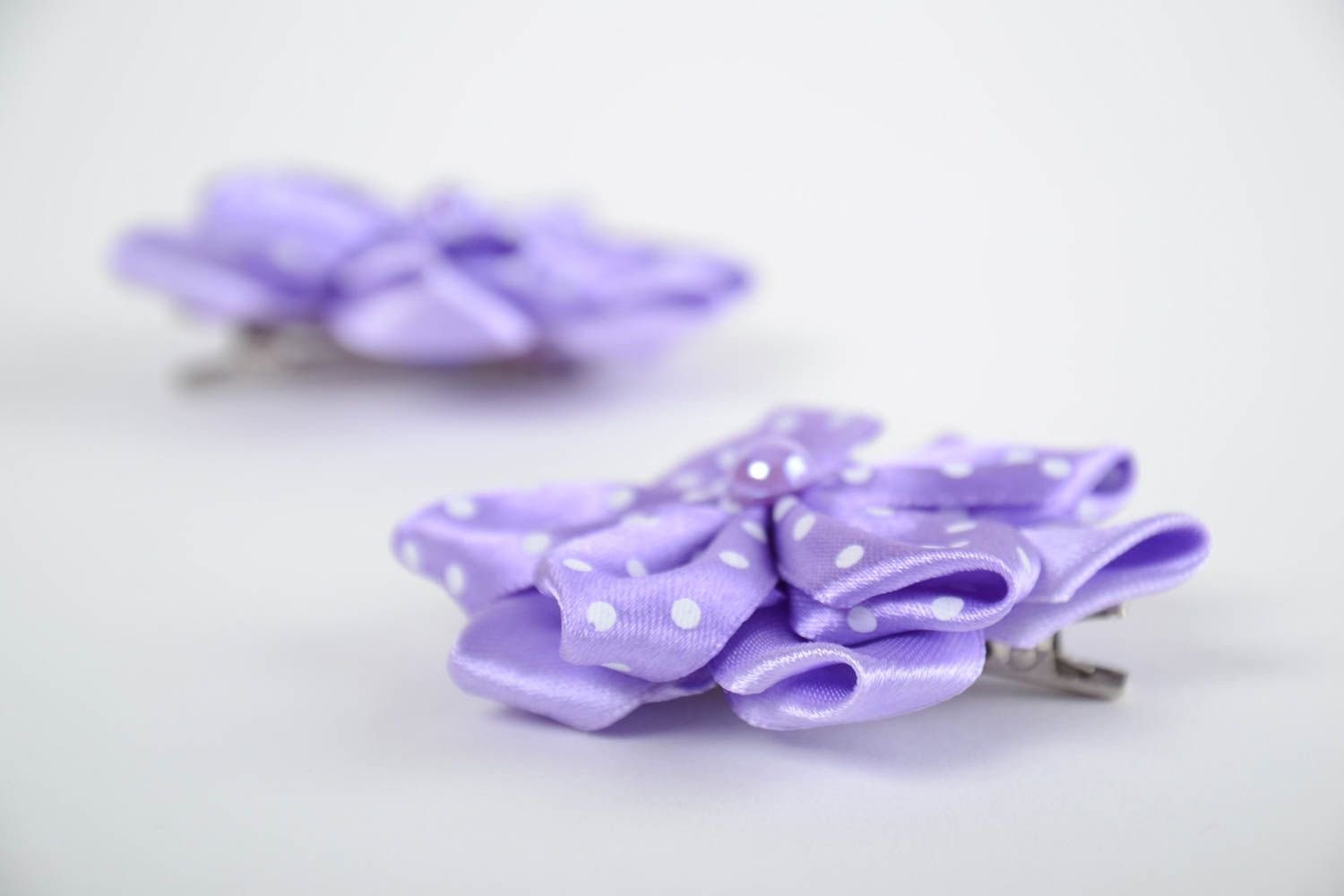 Set of handmade violet textile flower barrettes for children 2 pieces photo 4