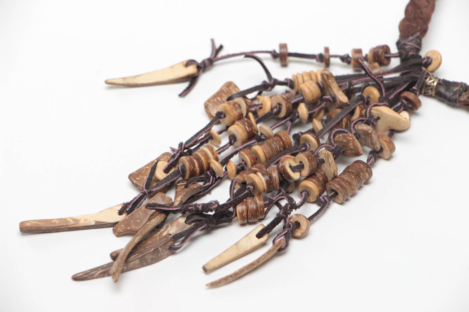 Handmade designer brown genuine leather necklace with bones and fringe photo 4