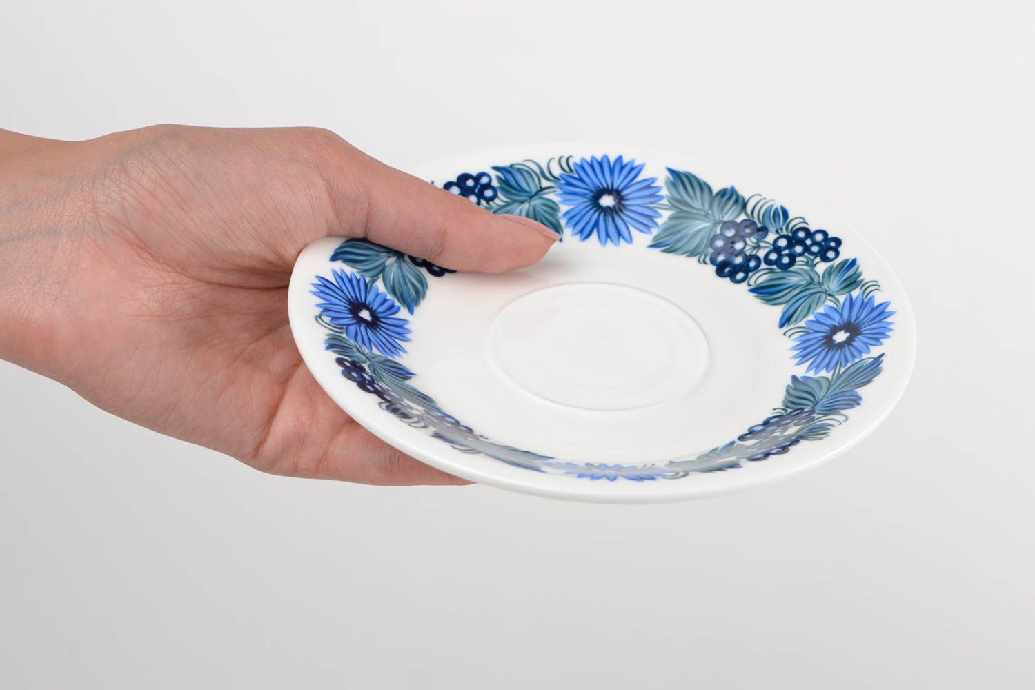Soucoupe ronde Petite assiette fait main peint blanc bleu Service vaisselle photo 2