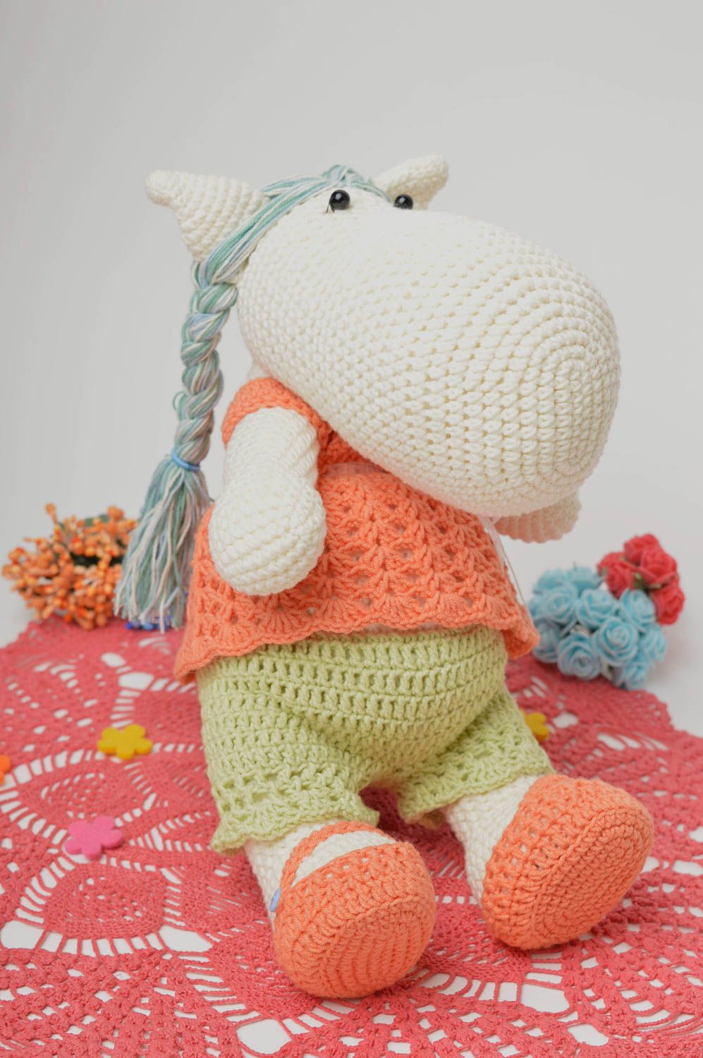 Peluche hippopotame Jouet fait main tricoté fils acryliques Cadeau pour fille photo 1