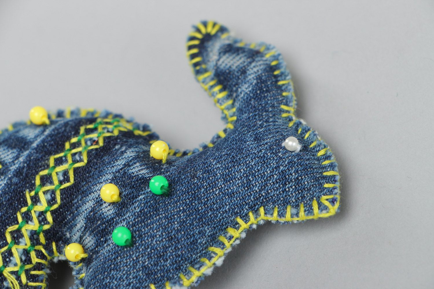 Small homemade soft toy sewn of denim fabric embroidered with beads Rabbit photo 3