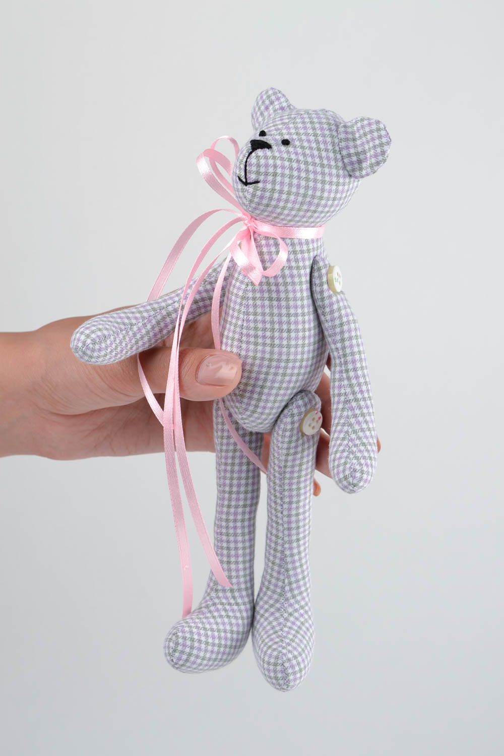 Jouet Ours en tissu de coton fait main à carreaux gris Cadeau pour enfant photo 2