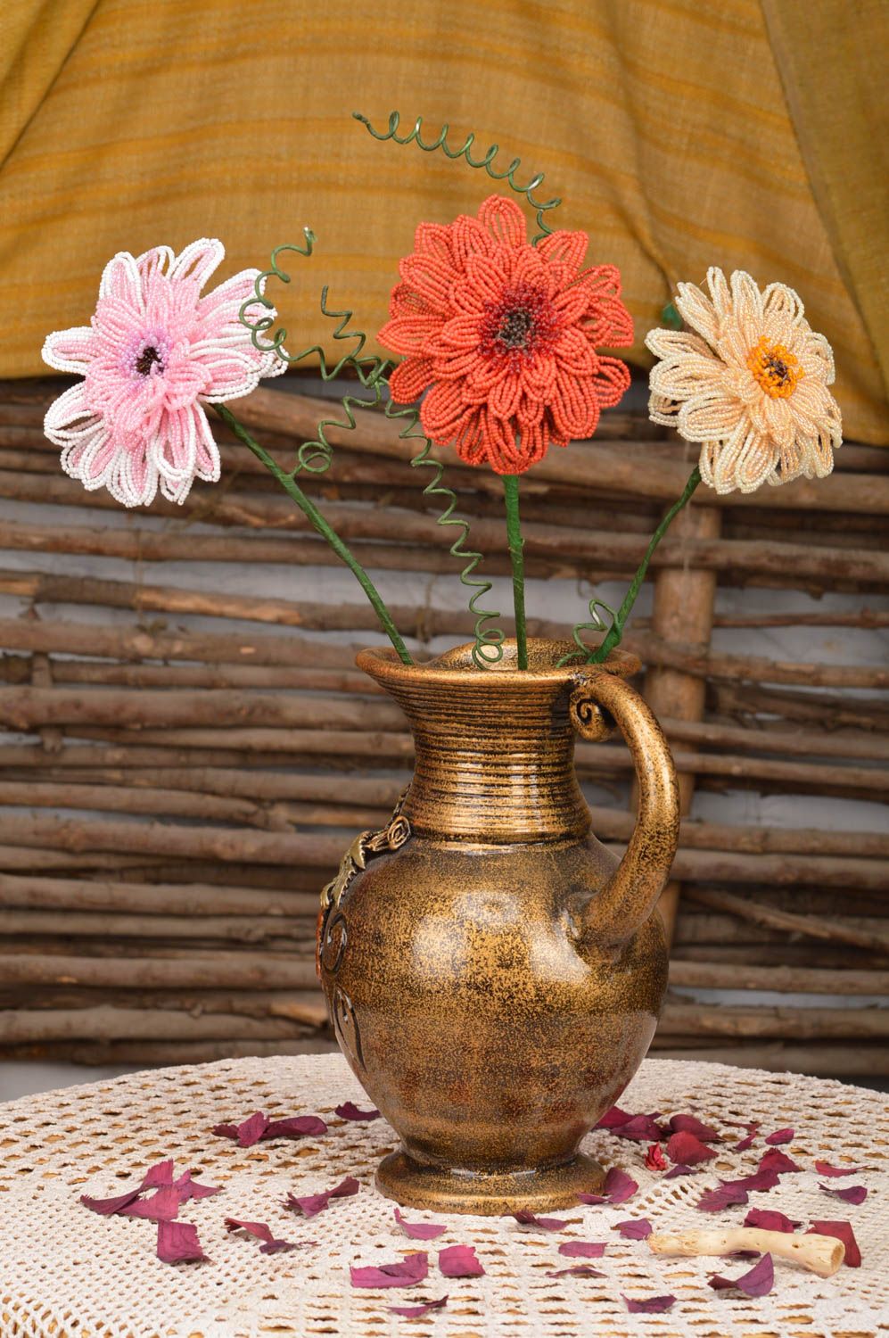 Set of 3 handmade designer artificial beaded flowers for interior decor photo 1