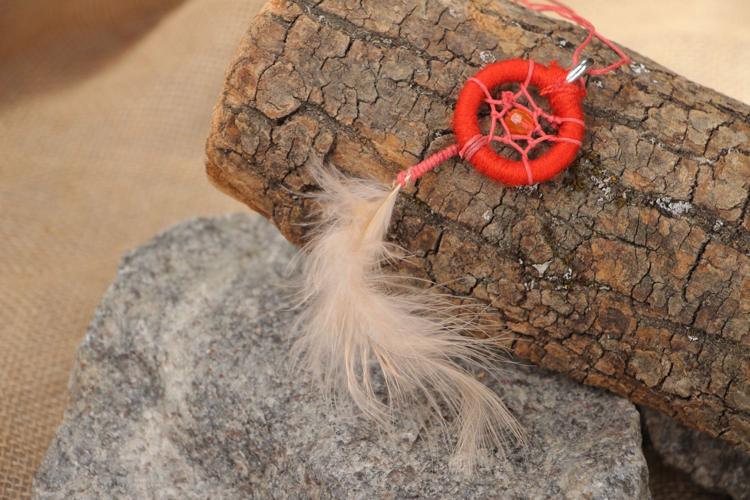 Handmade dreamcatcher pendant necklace of red color with natural feather for women photo 1