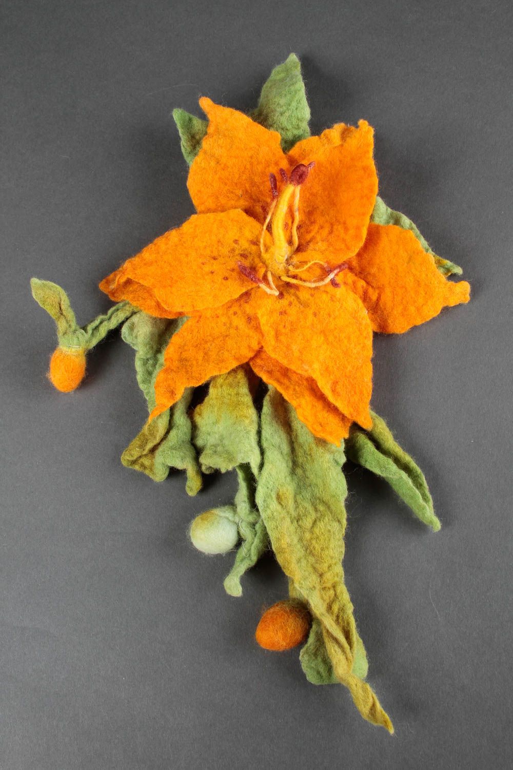 Grosse Broche fleur Pince cheveux faite main orange en laine Accessoire femme photo 2