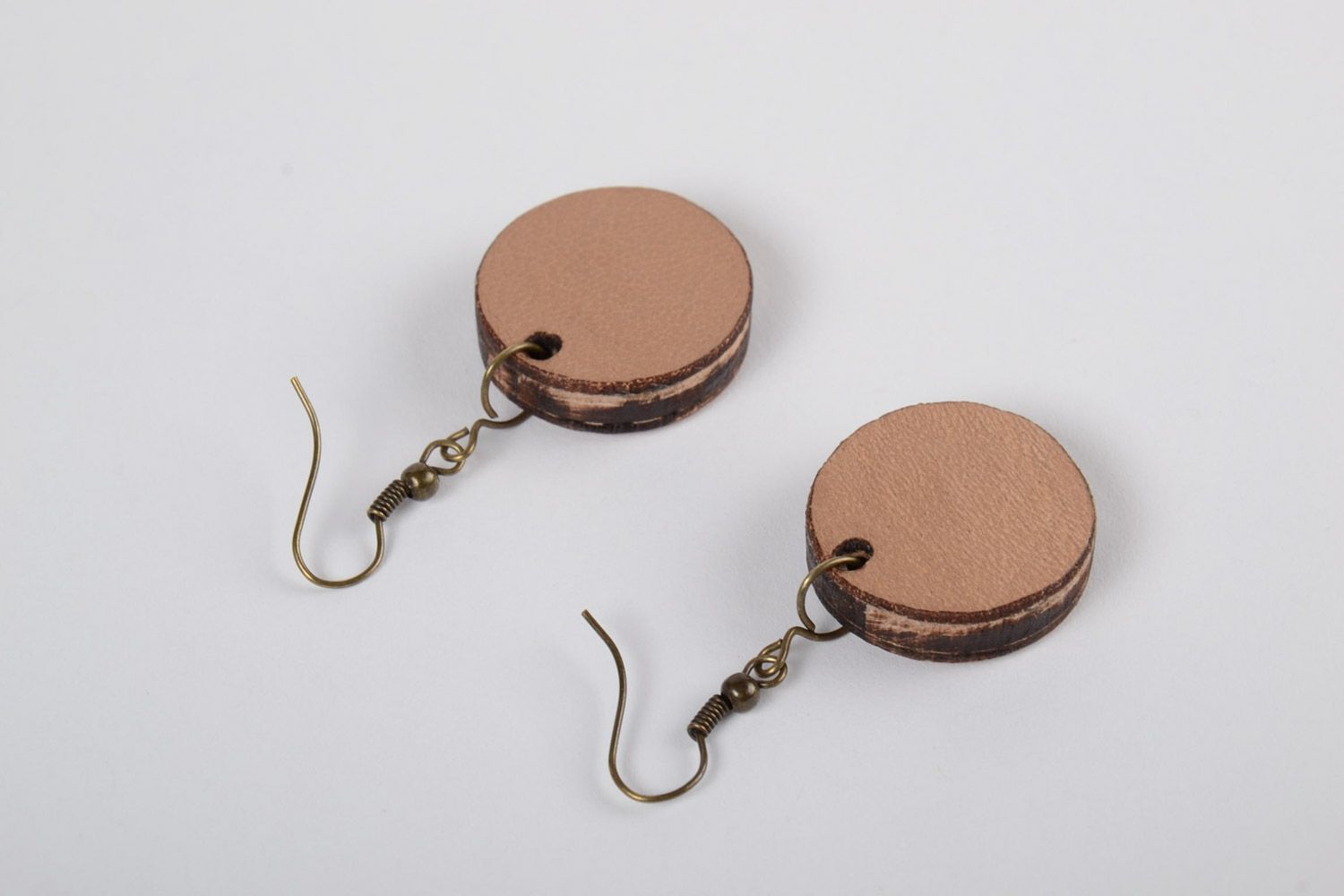 Handmade round plywood earrings with cross-stitch embroidery Pink Hearts photo 3