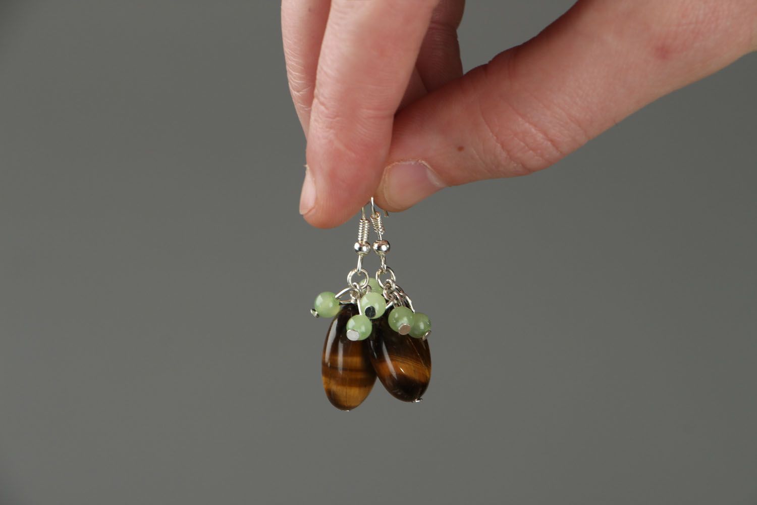 Earrings with chrysoprase and tiger's eye stones photo 4