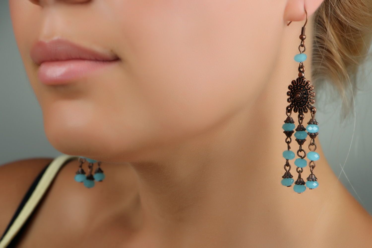 Copper long earrings with crystal photo 4