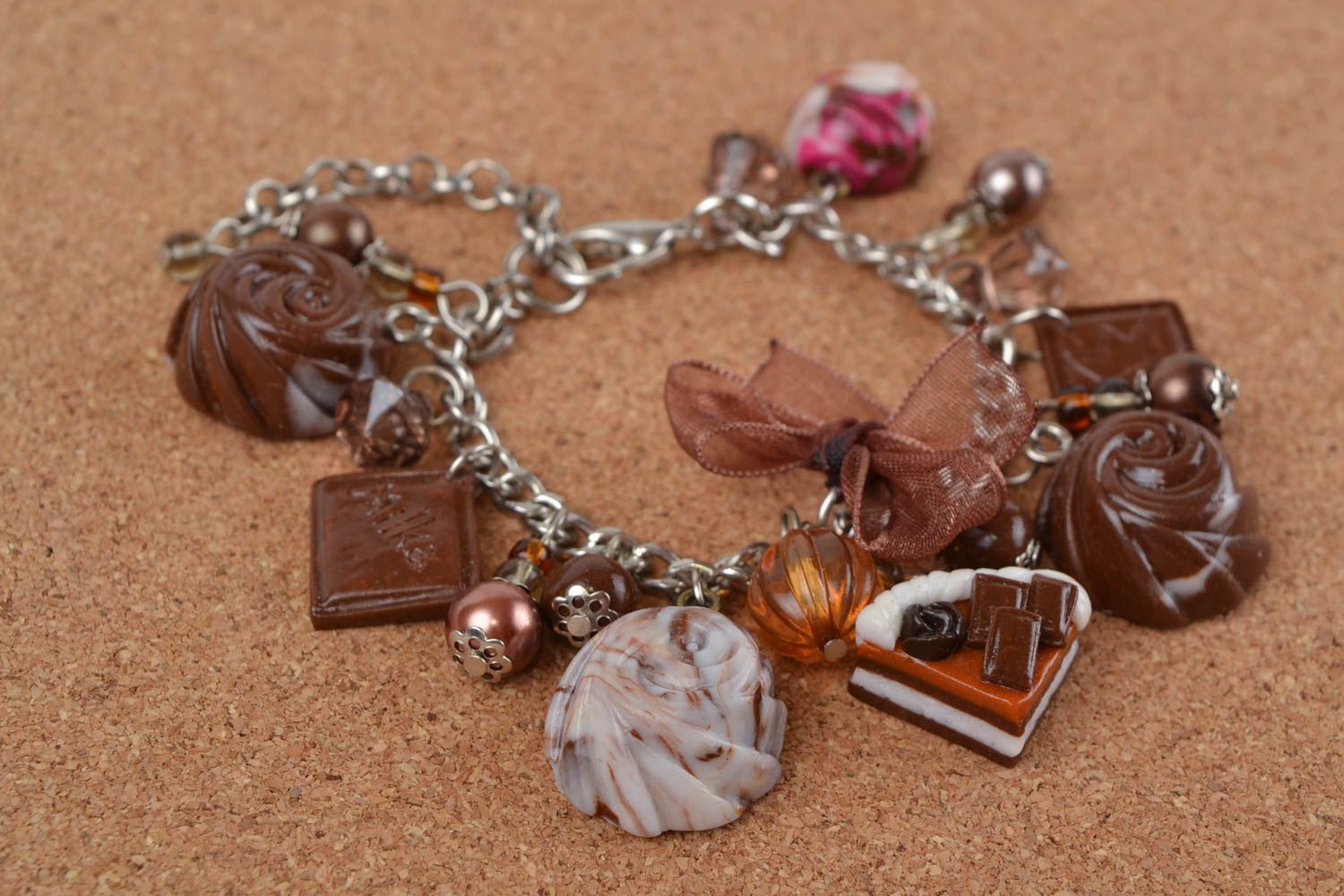 Beautiful handmade designer metal bracelet with polymer clay charms Sweets photo 2