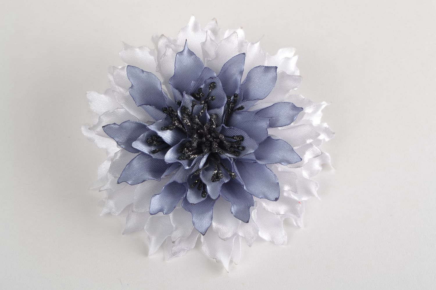 Handmade hair tie with artificial satin ribbon aster flower in gray color shades photo 3