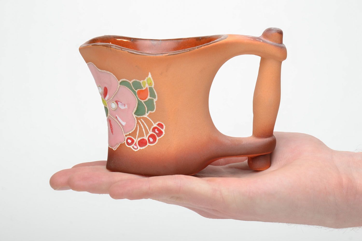 Handmade ceramic square cup with a wide handle and floral pattern with pink flower photo 5