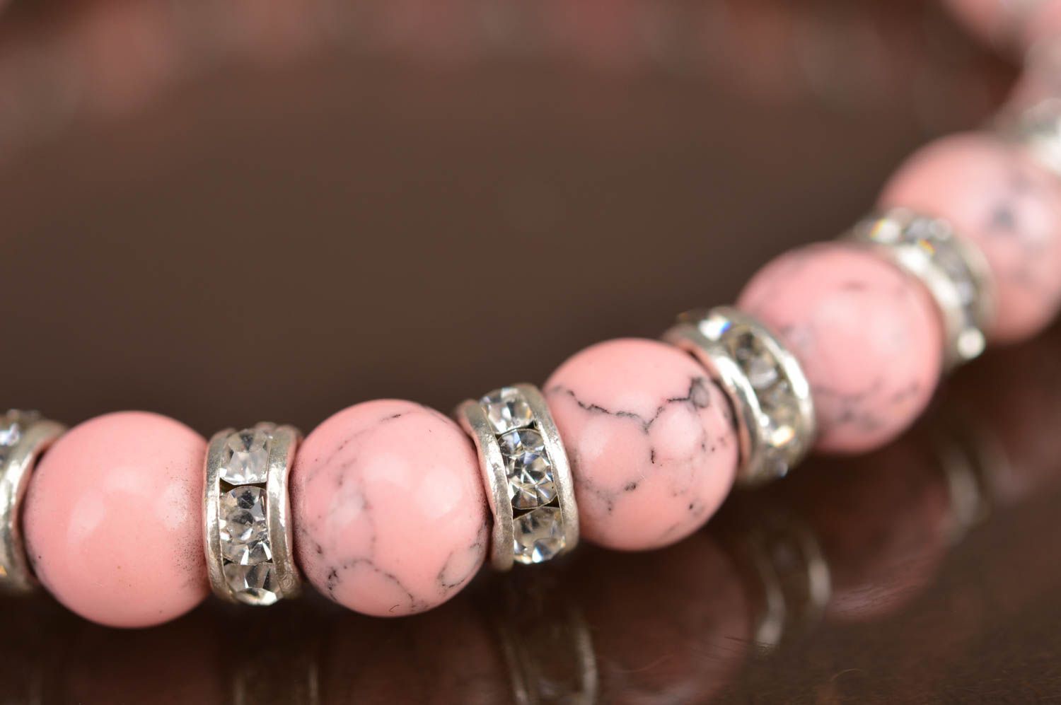 Unusual handmade designer women's elastic wrist bracelet with pink beads photo 4
