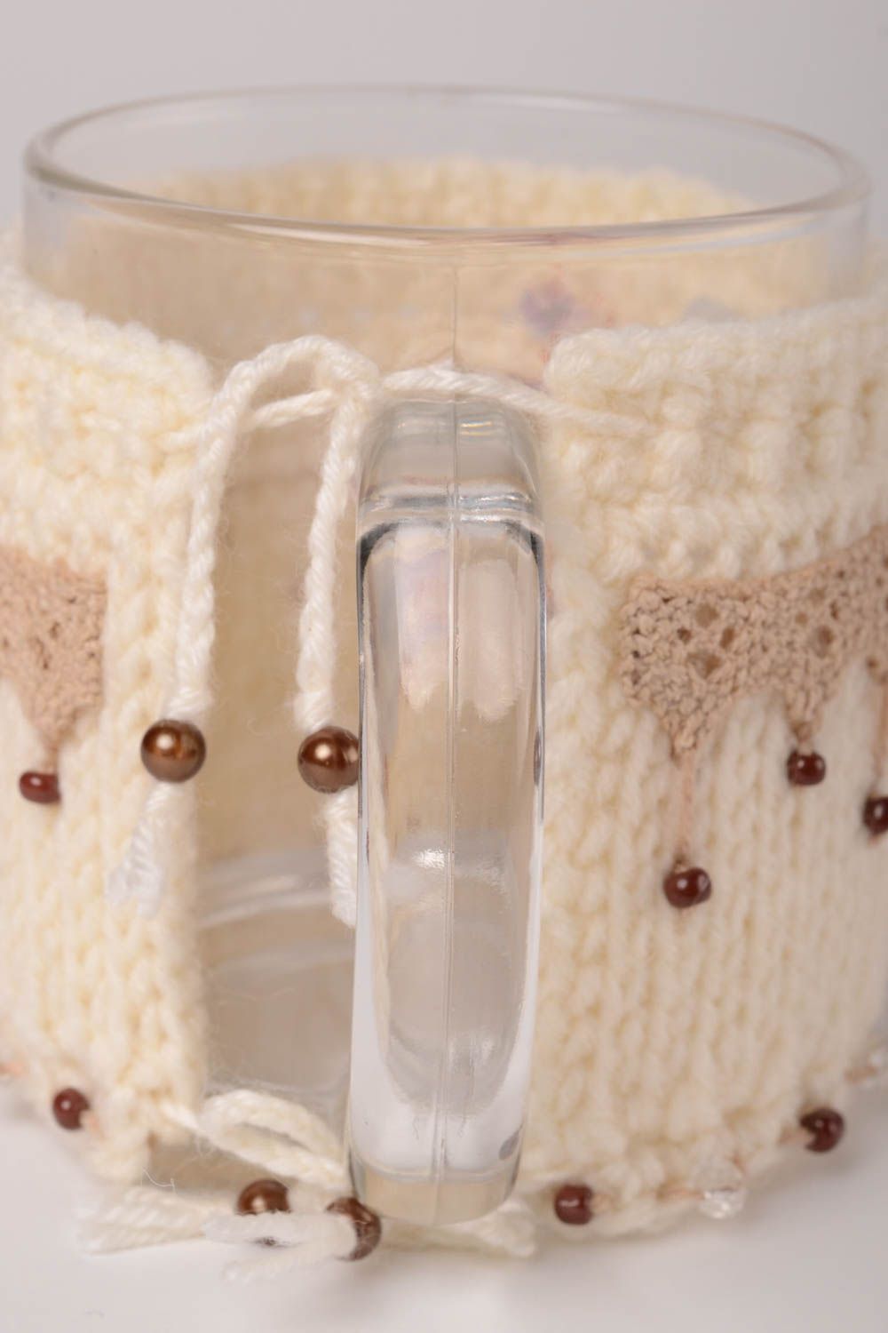 Couvre-tasse tricot fait main Pull pour mug original cadeau acrylique dentelle photo 5