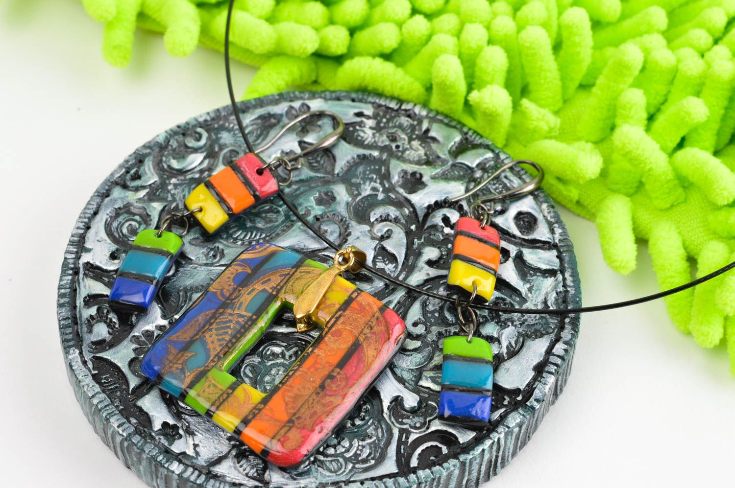 Handmade jewelry set polymer clay pendant necklace dangling earrings gift ideas photo 1