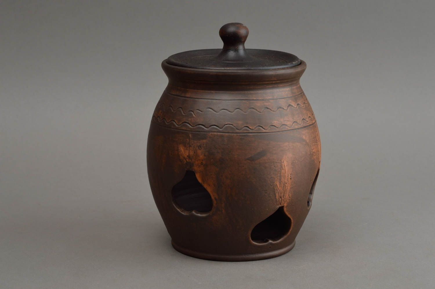 Pot à ail céramique avec couvercle marron style écologique fait main original  photo 3