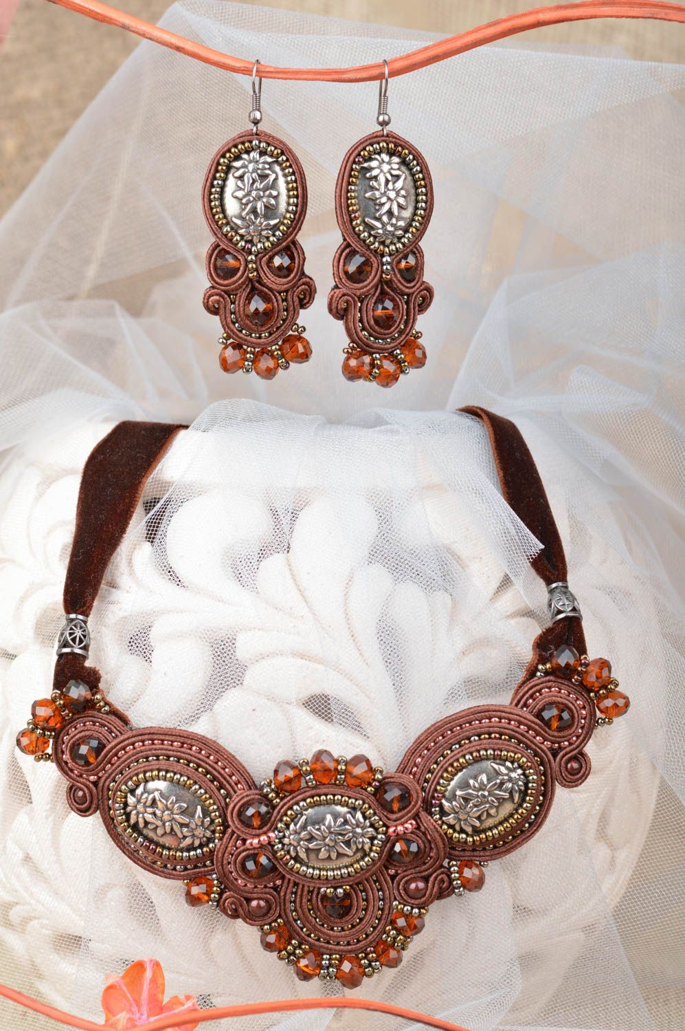 Handmade designer soutache jewelry set massive necklace and earrings with beads photo 1