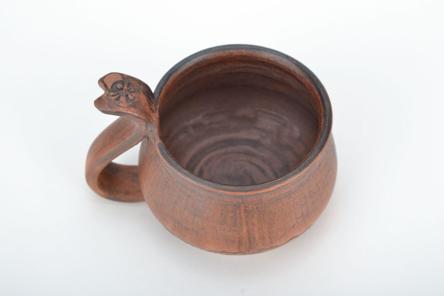 Art clay handmade brown pot-shape drinking cup with handle and rustic pattern photo 5
