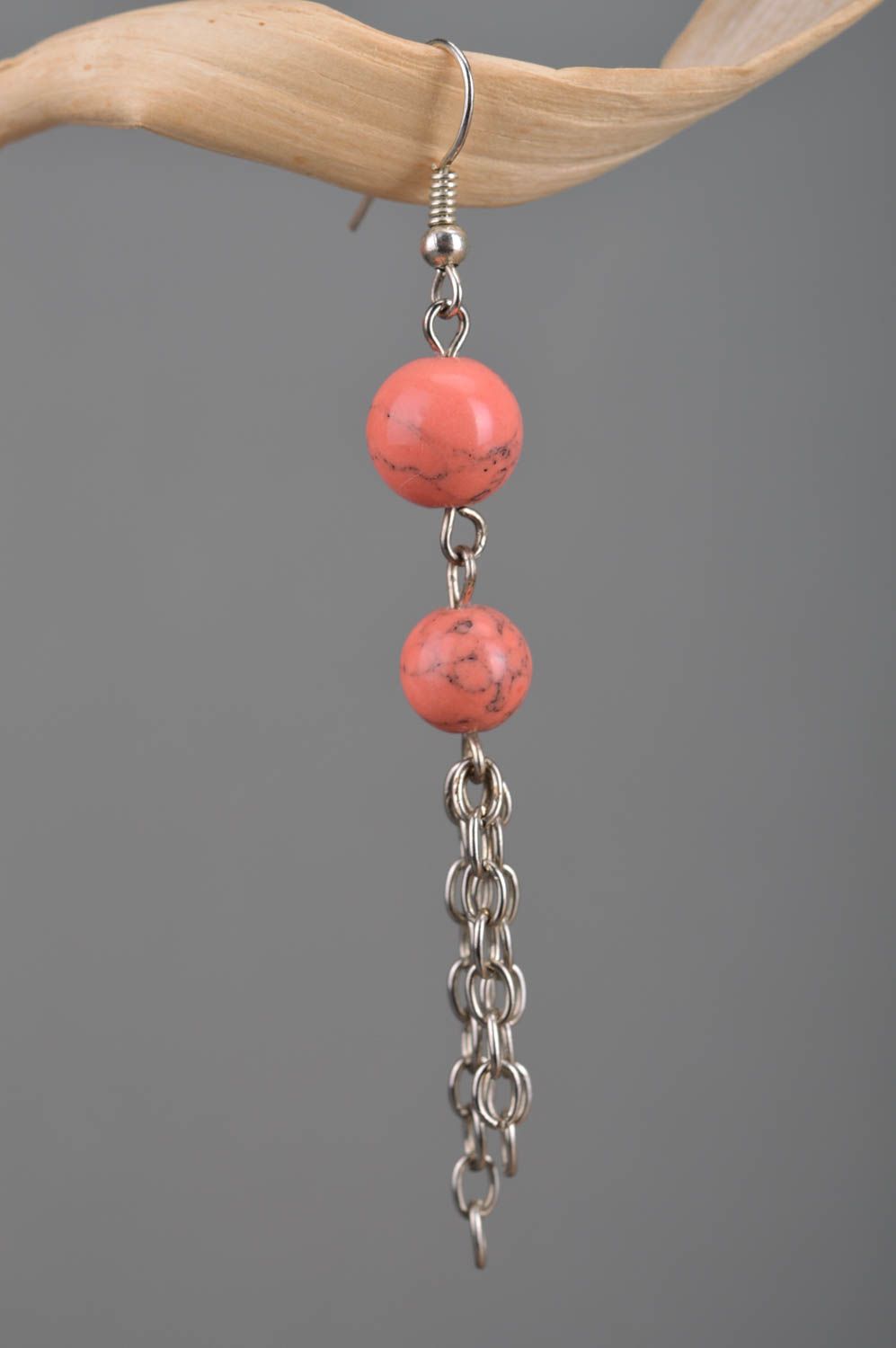 Handmade designer dangle earrings with pink round beads and metal chains photo 3