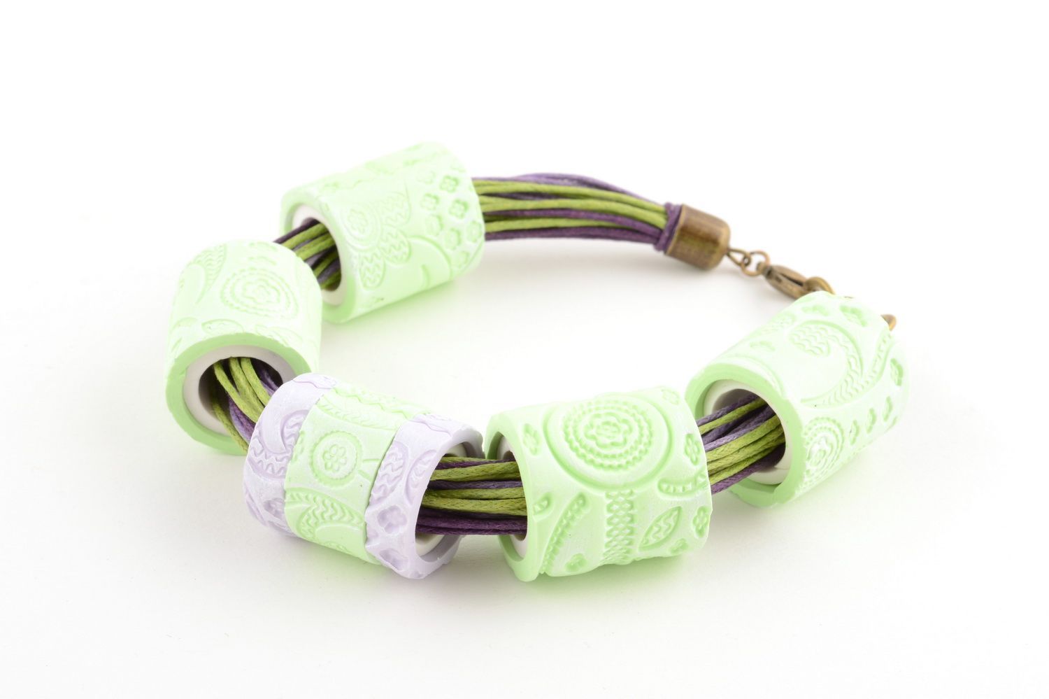 Designer handmade light green with violet bracelet made of polymer clay  photo 3