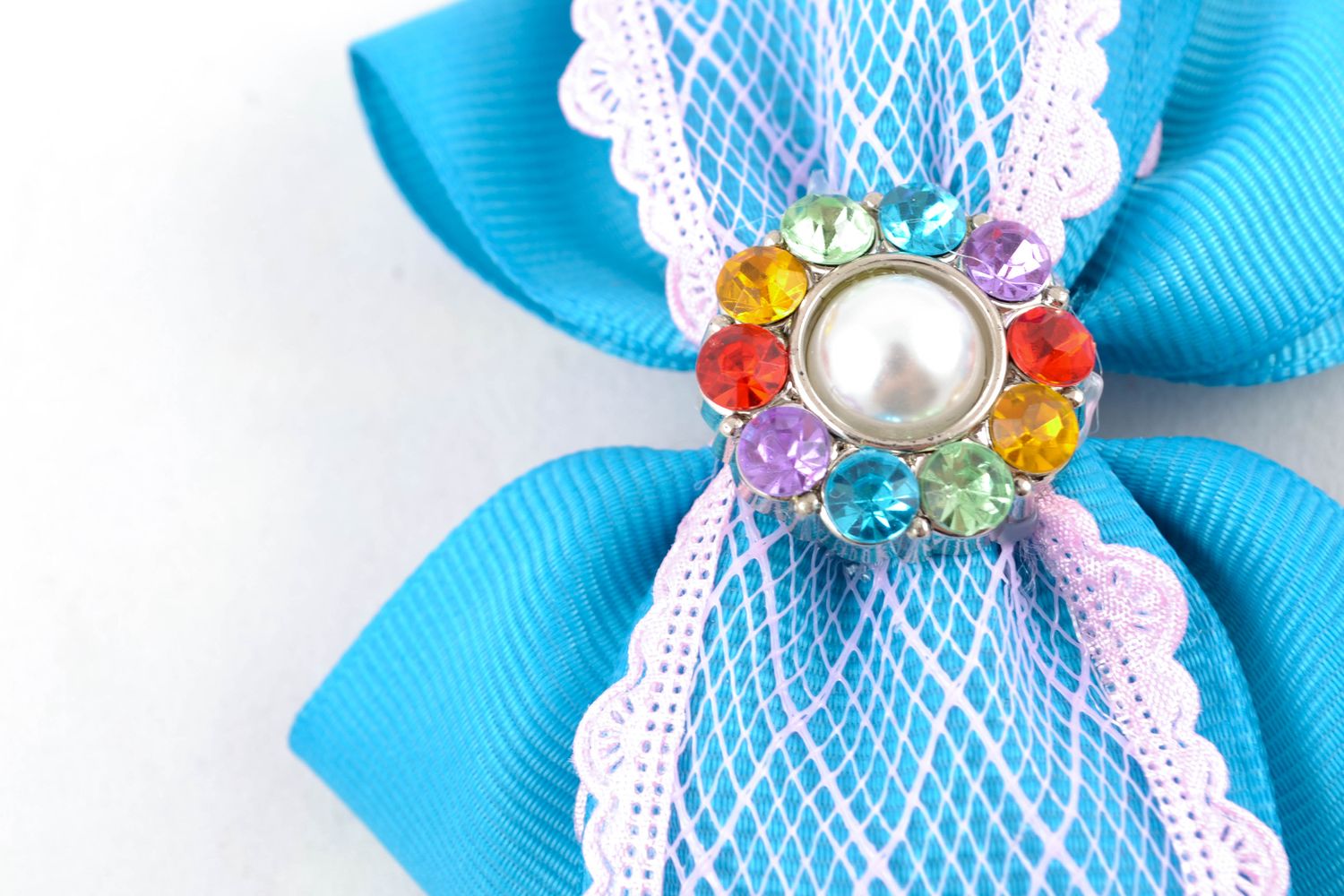 Beautiful hair clips with blue bows made of ribbons with rhinestones photo 2