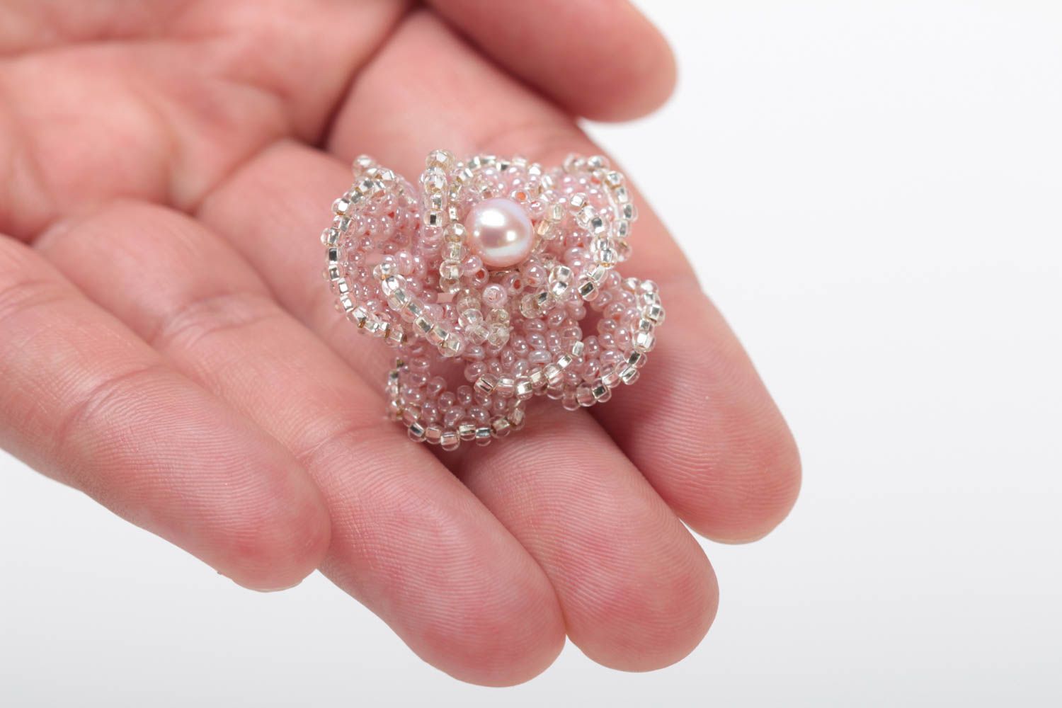 Handmade beaded ring unusual pink accessory for kids cute stylish jewelry photo 5