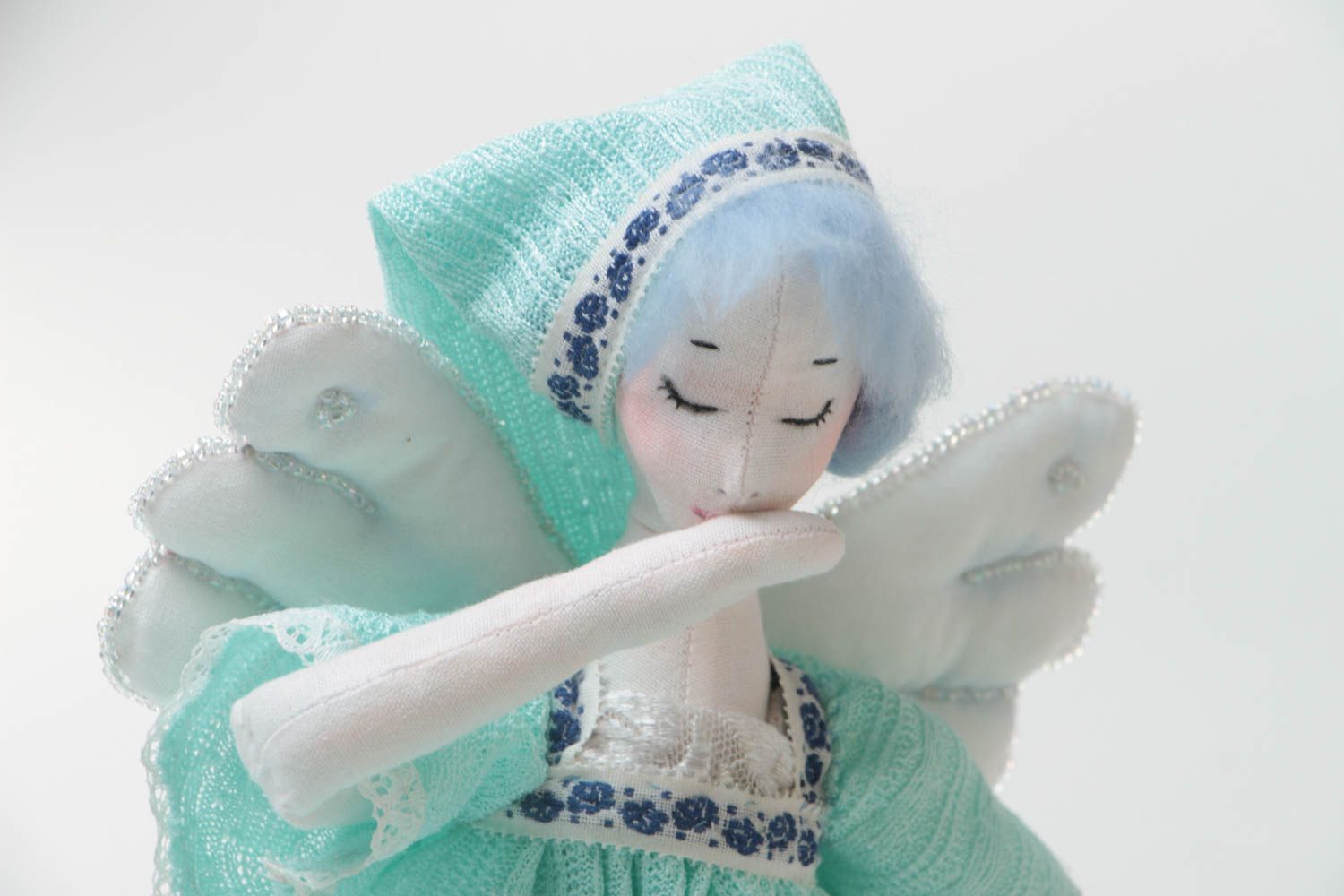 Handmade designer cotton fabric soft toy sleepy angel in blue dress and hat photo 3