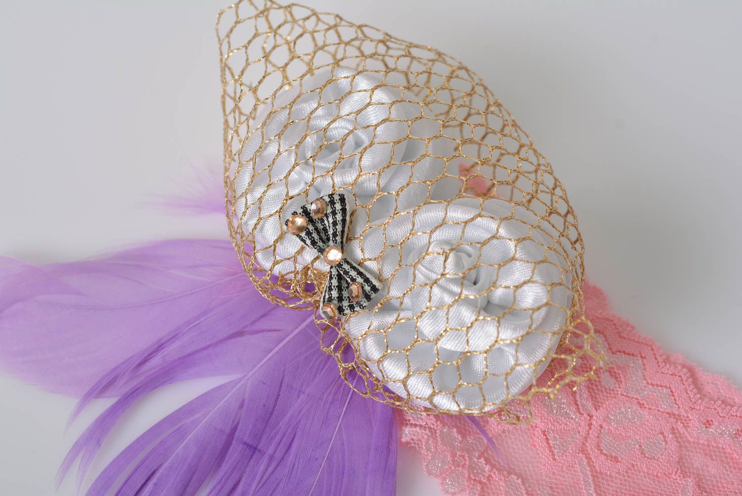 Beautiful handmade children's headband with lace bow and feathers photo 4