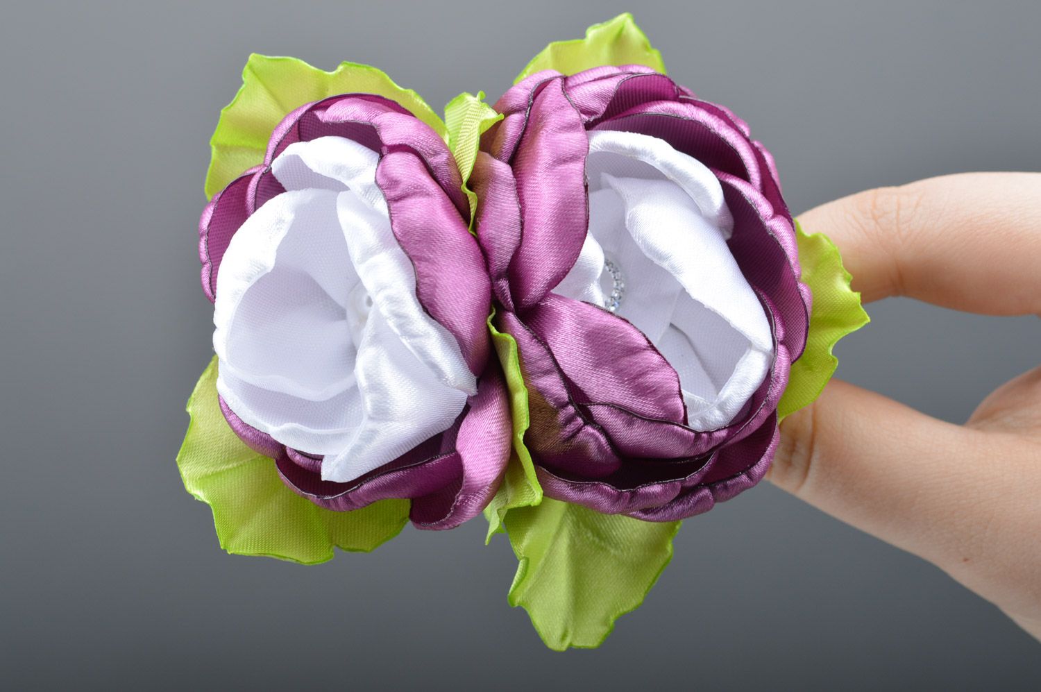 Handmade hair clip with beautiful fabric flowers of violet color for ladies photo 2