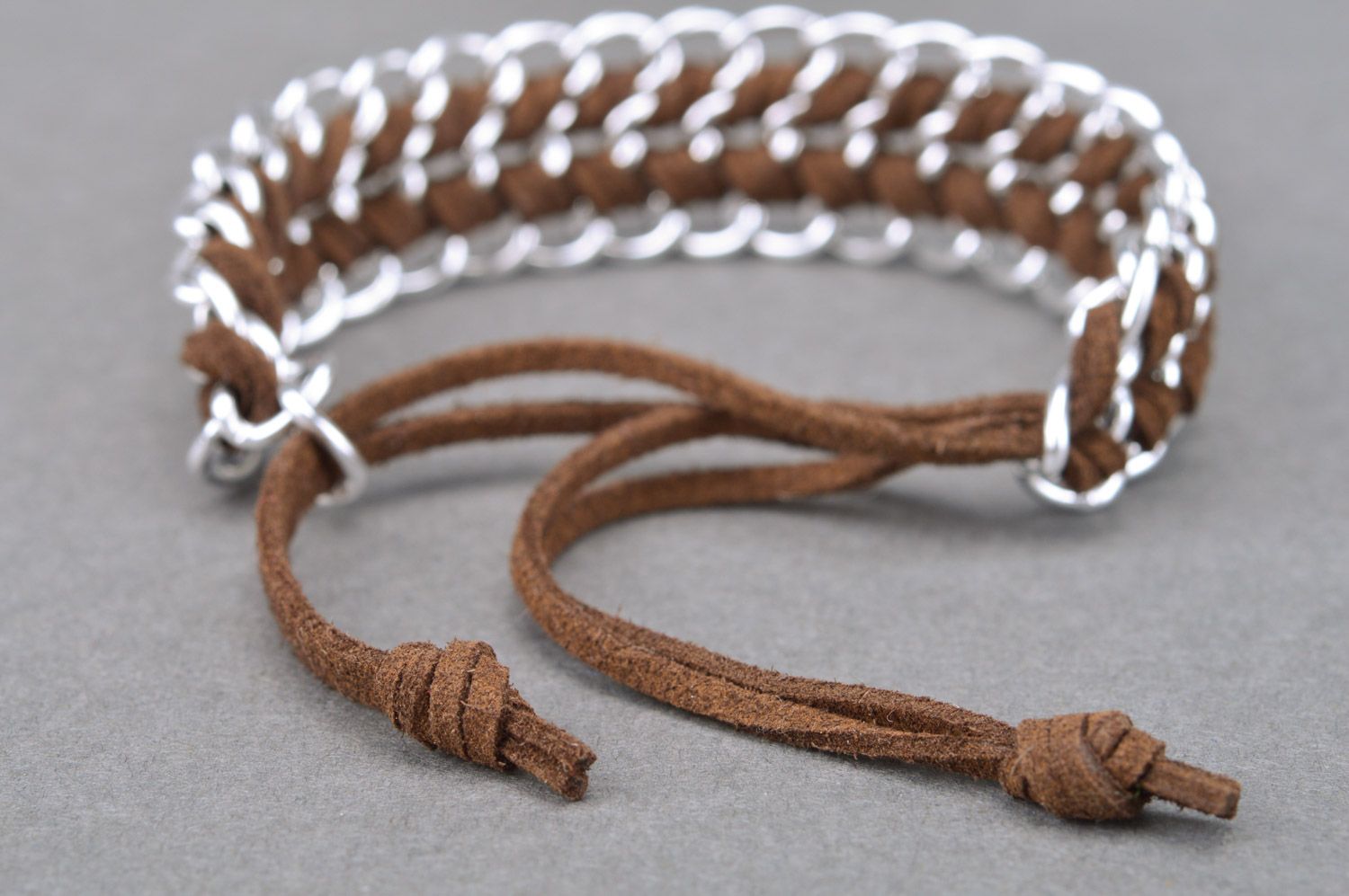 Handmade brown woven genuine leather wrist bracelet with metal chain photo 5