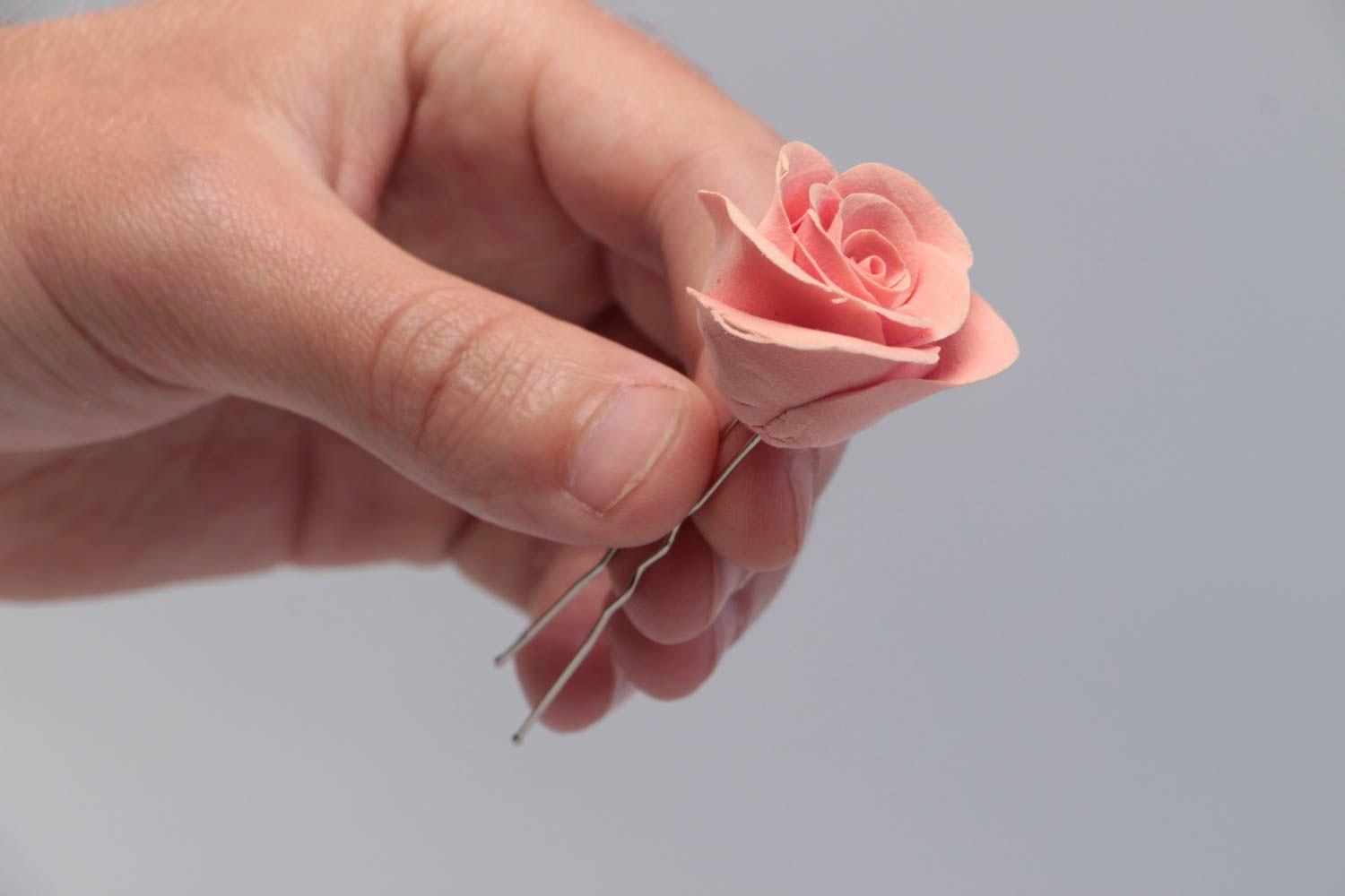 Handmade decorative hair pin with polymer clay rose flower of pink color photo 5