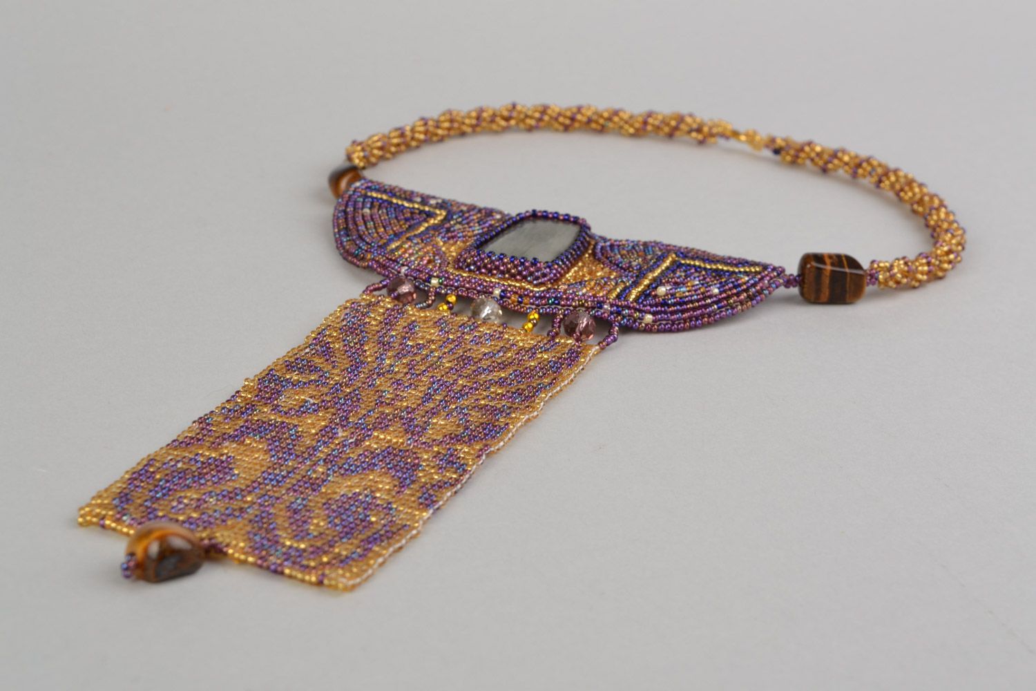 Handmade massive bead embroidered necklace with natural stone Wife of Sultan photo 2