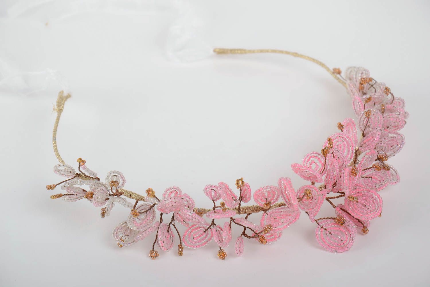 Handmade decorative thin headband with tender pink beaded flowers with ribbon photo 3