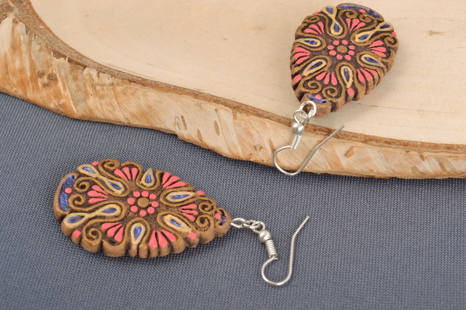 Handmade clay drop earrings painted with acrylics for women photo 1