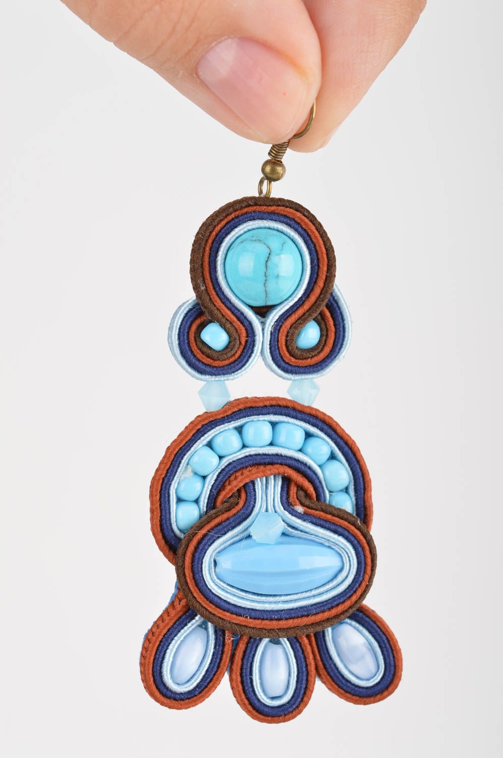 Handmade designer long dangle soutache earrings with beads of turquoise color photo 3