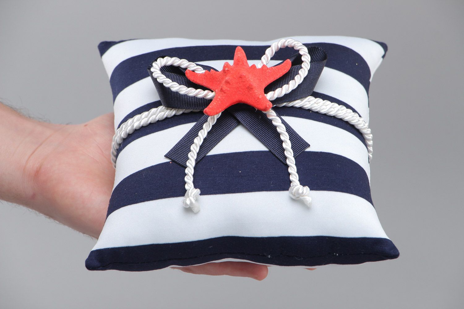 Handmade striped blue white ring pillow sewn of jersey fabric in marine style photo 5