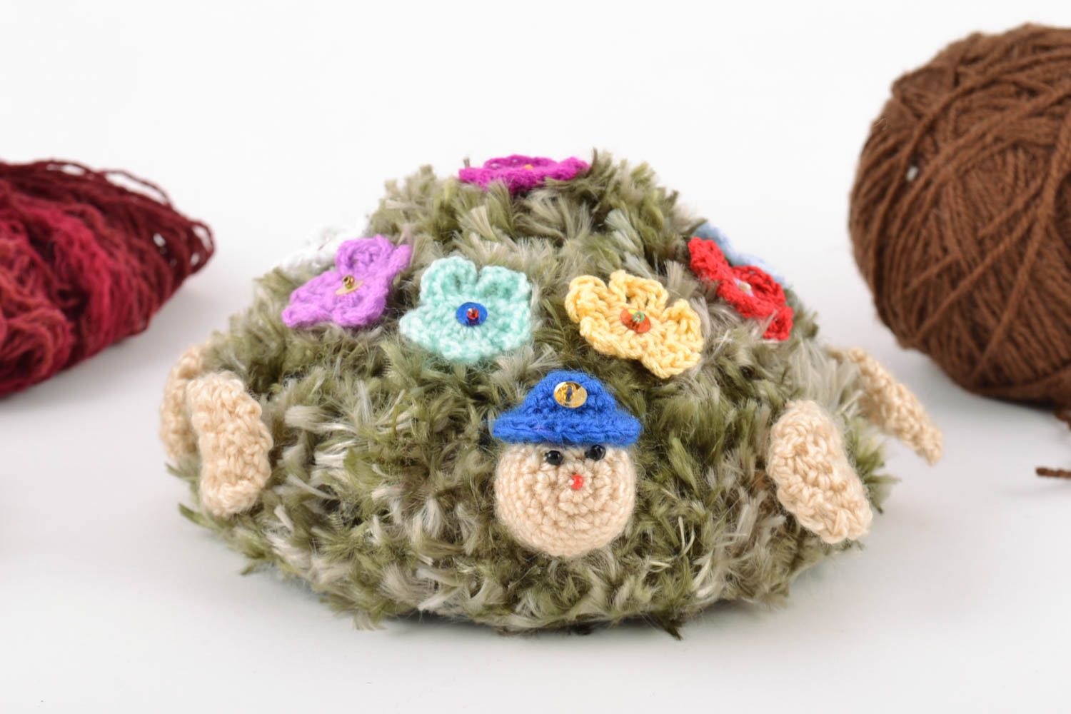 Jouet mou tricoté en laine naturelle fait main pour enfant Tortue à fleurs photo 1