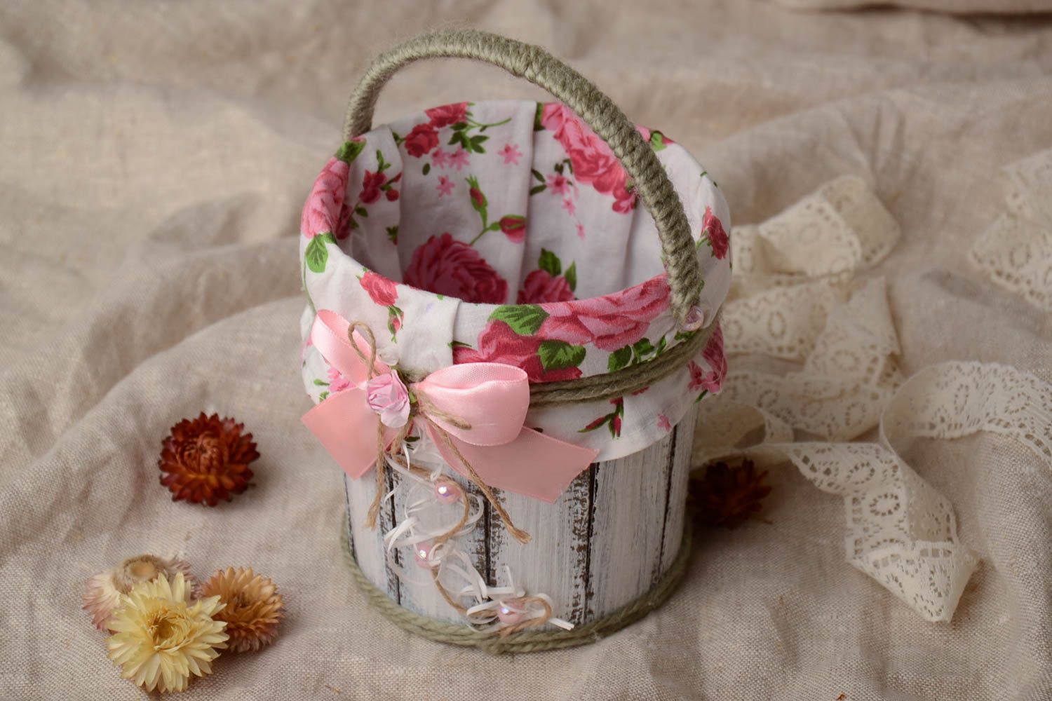 Handmade decorative carton and fabric bucket with bow for little things photo 1