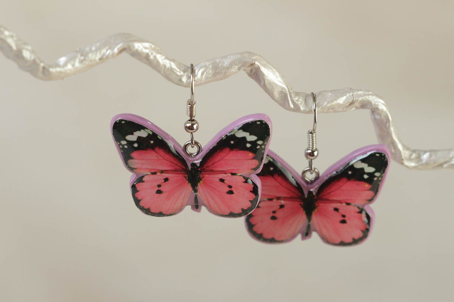 A set of handcrafted vintage earrings made of polymer clay and glass glaze with butterflies photo 1