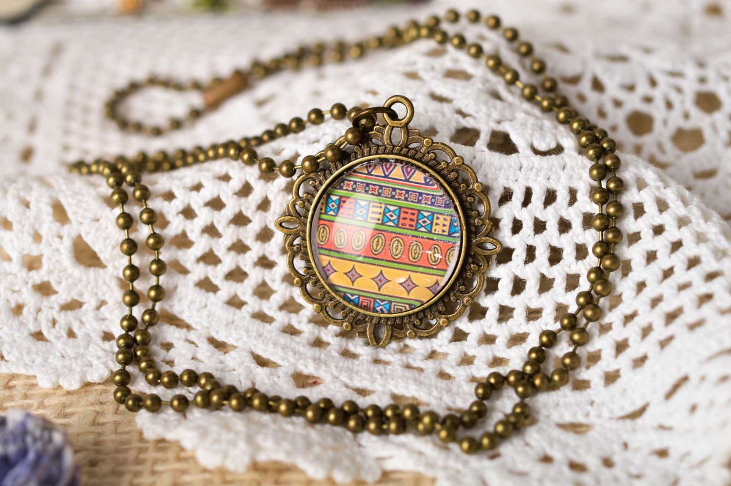 Handmade vintage jewelry metal pendant with print delicate pendant for women photo 1