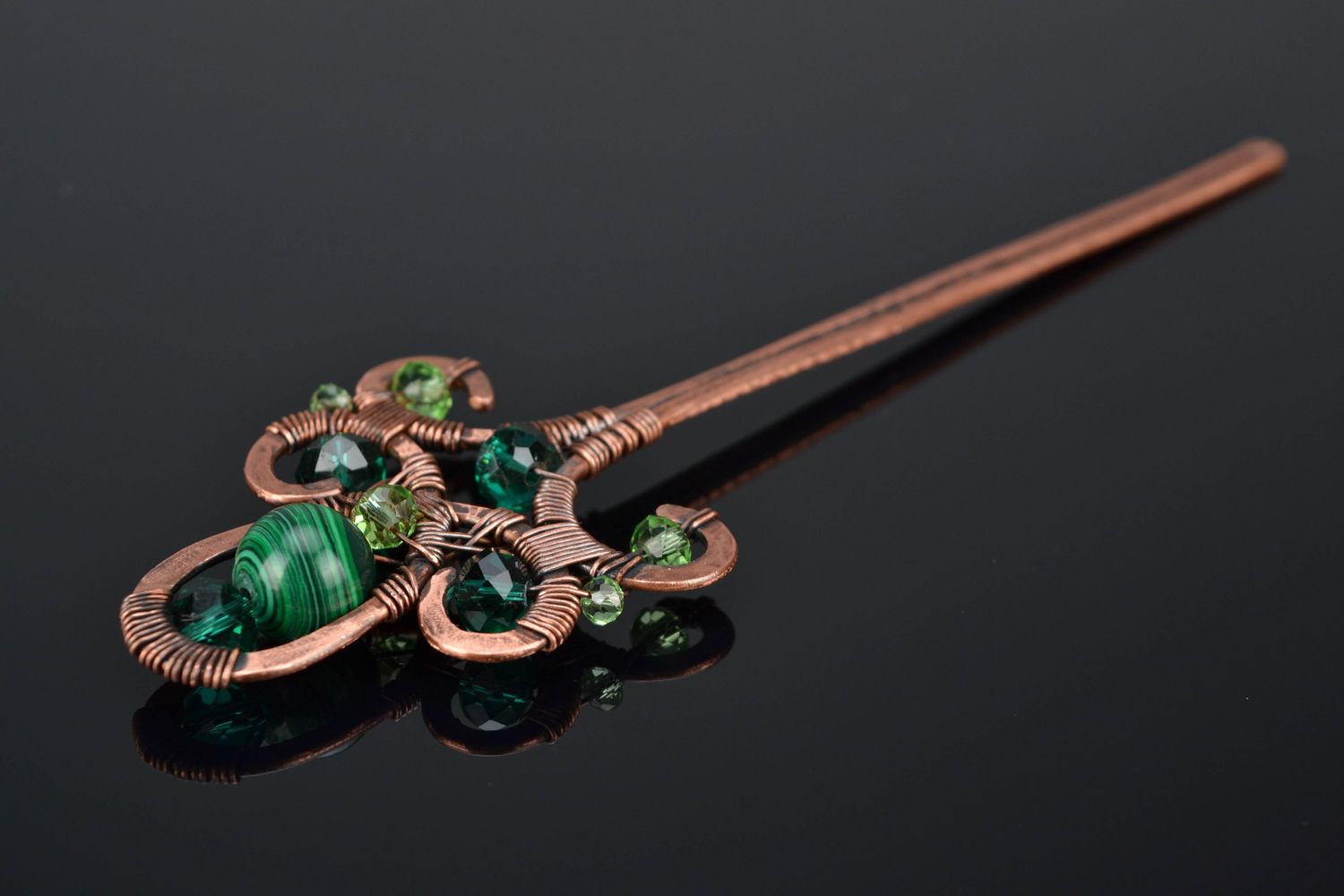 Handmade copper hair pin with malachite made using wire wrap technique photo 1