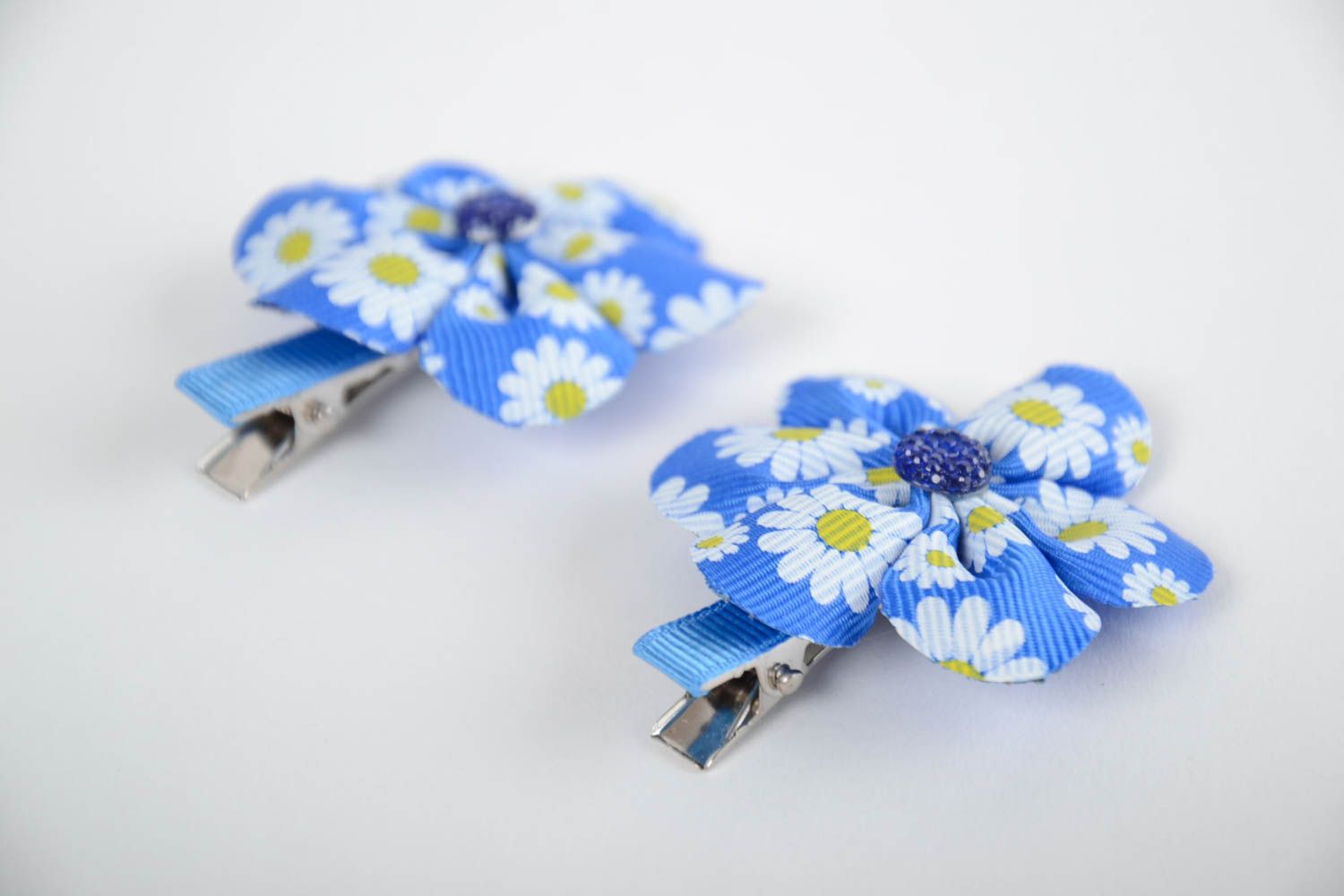 Children's handmade designer blue rep ribbon flower hair clips set 2 pieces photo 5
