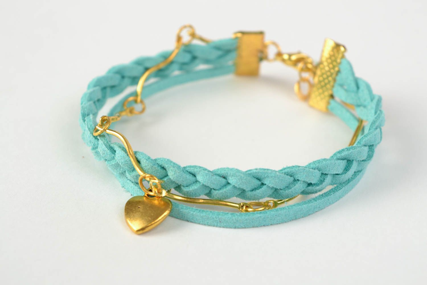 Blue and gold handmade woven suede cord bracelet with heart shaped pandant photo 3