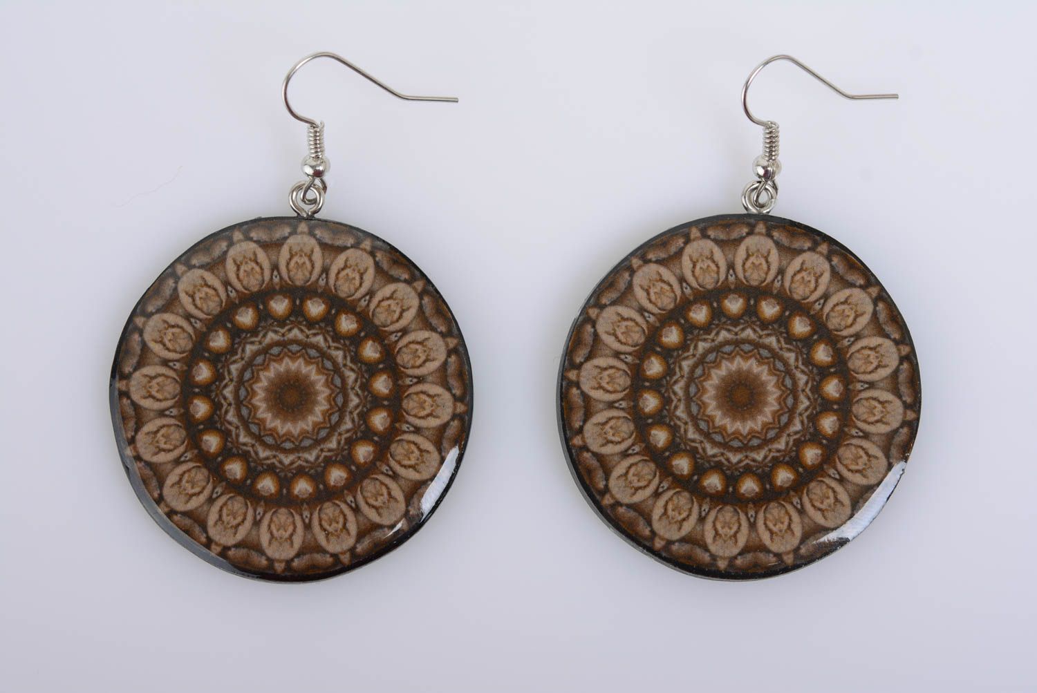 Earrings made of polymer clay in brown tones decoupage handmade women accessory photo 5