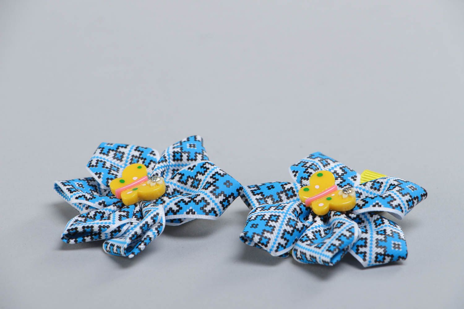 Bright blue handmade children's textile hair bows set 2 pieces photo 3